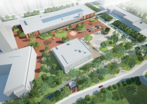 Všechny části území jsou propojeny kruhovými ostrovy se zelenými nebo zpevněnými plochami s výsadbou stromů.